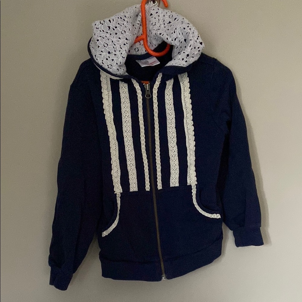 Hanna Andersson Navy Hoodie with White Lace Accents